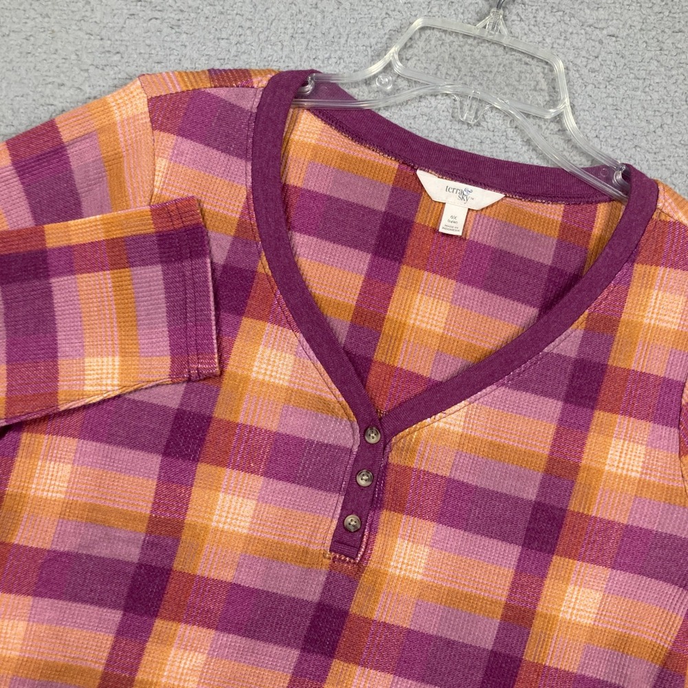 Terra & Sky Henley Top Women 0X Purple Orange Plaid Waffle Knit Long Sleeve